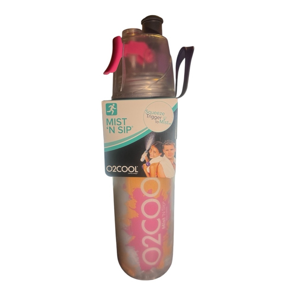 New O2COOL Mist 'N Sip Water Bottle Pink, orange, silver 20 oz squeeze trigger - Picture 3 of 3